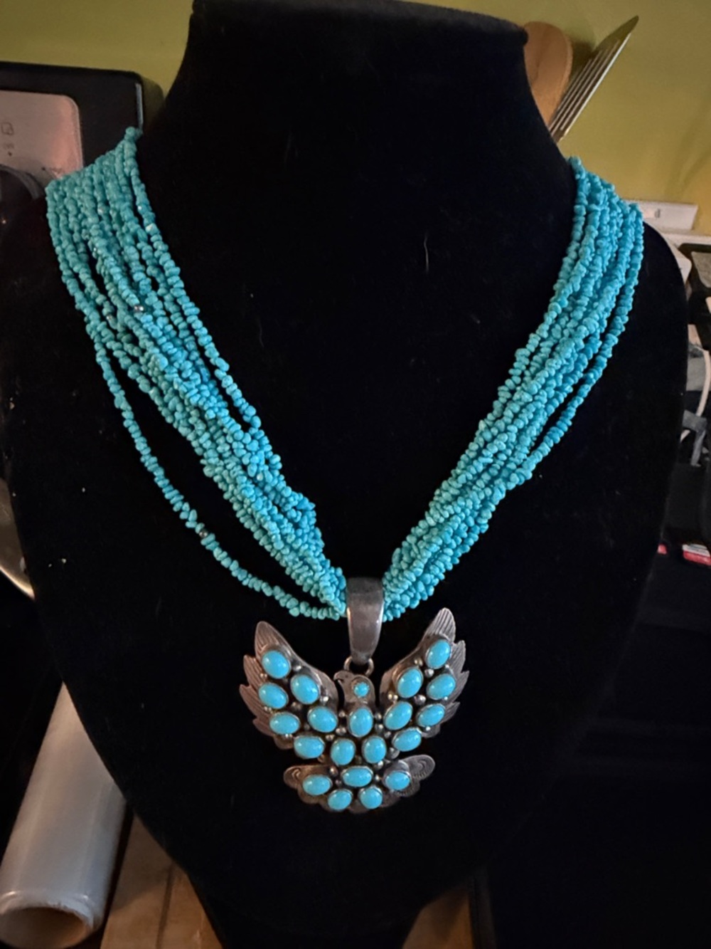 Turquoise Multi-Strand Necklace with Turquoise Stone Pendant -